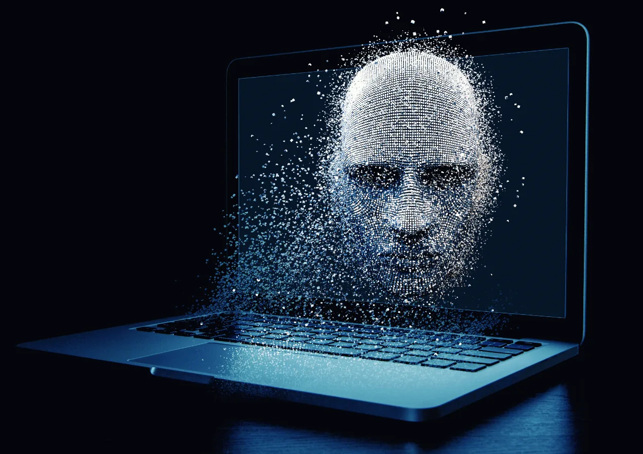 Visage numérique émergeant de l'écran d'un ordinateur portable