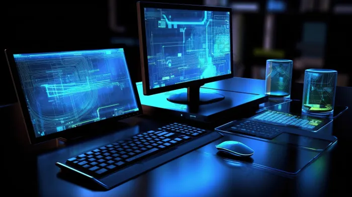 Postes de travail modernes éclairés en bleu